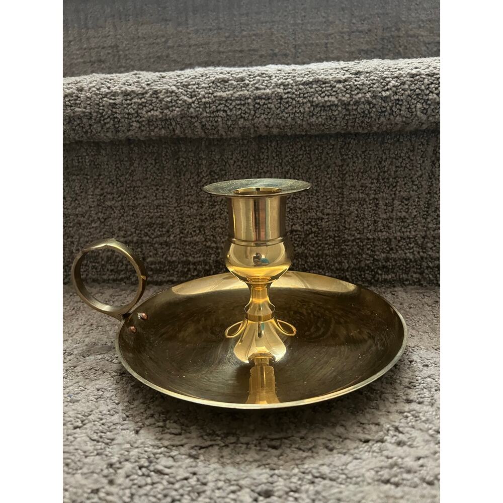 Vintage Large Solid Brass Chamber Style Finger-Loop Candlestick